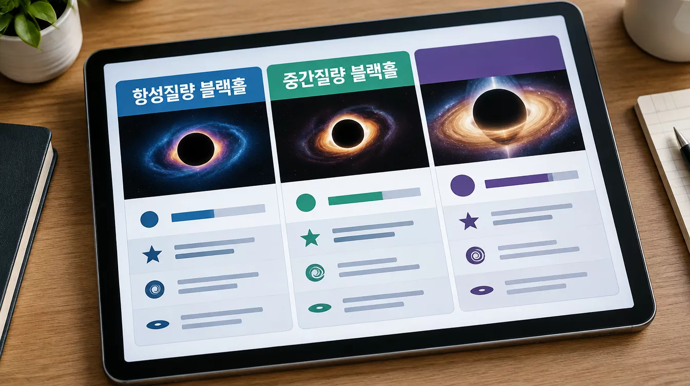 세 종류의 블랙홀을 색으로 구분한 카드 3장을 나란히 그린 그림이다.