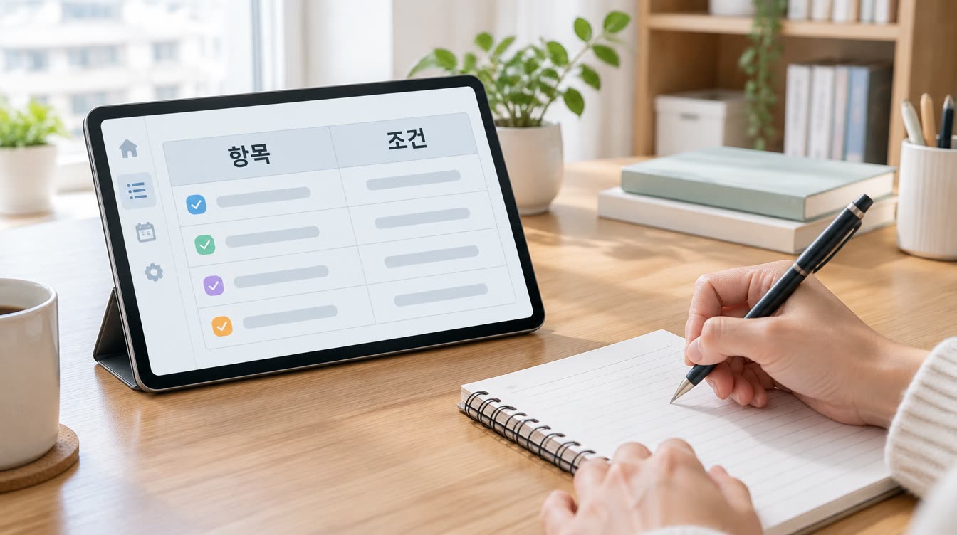 부모급여 확인 항목이 표 형태로 표시된 화면을 보며 메모장에 필요한 정보를 기록하는 모습