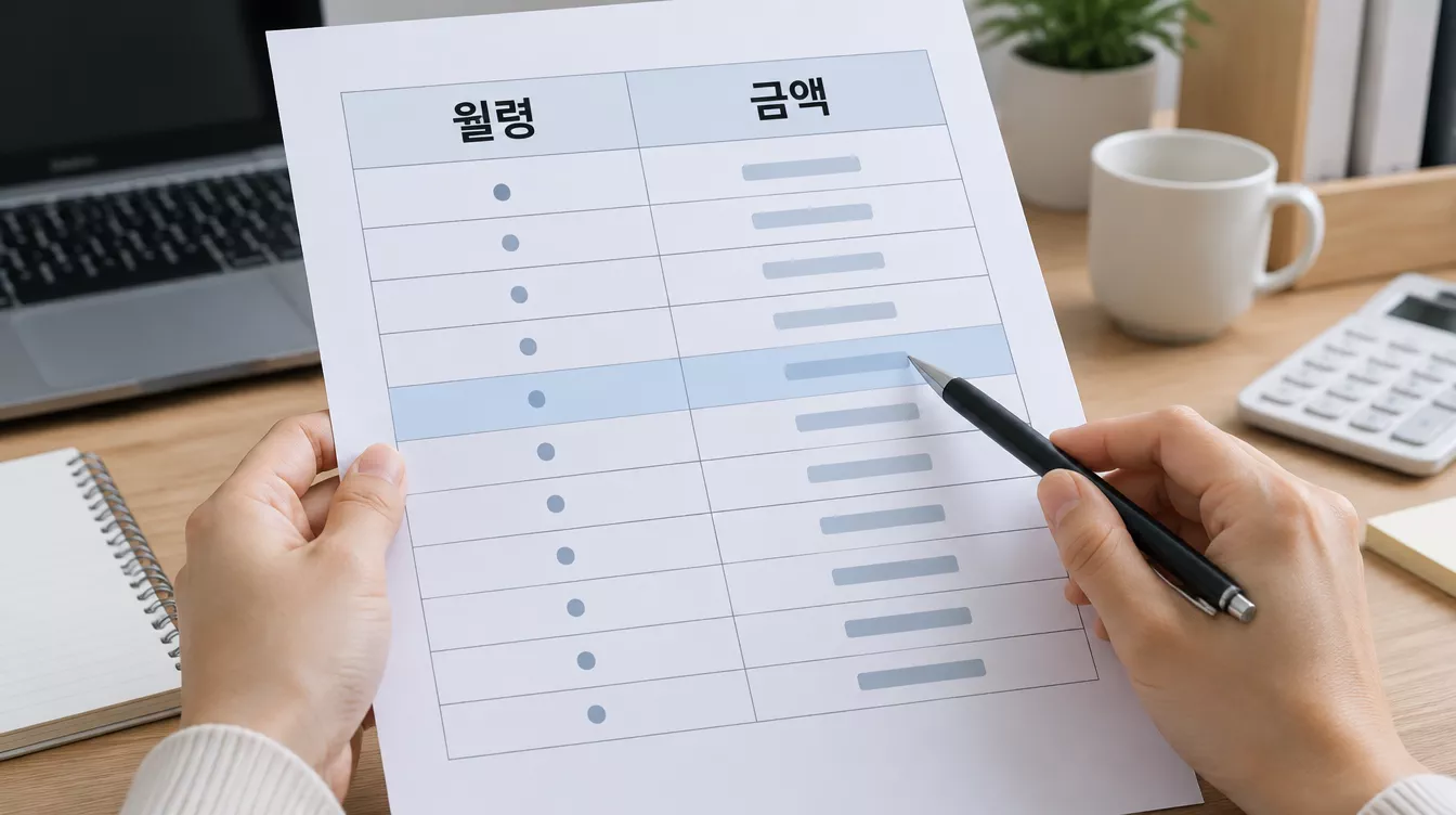 부모급여 금액표에서 자신의 아이 월령에 해당하는 금액을 손가락으로 찾아 확인하는 모습