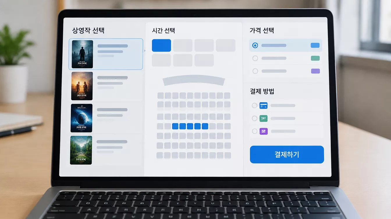 영화표 예매 사이트에서 상영작, 시간대, 좌석을 선택하고 결제하는 화면