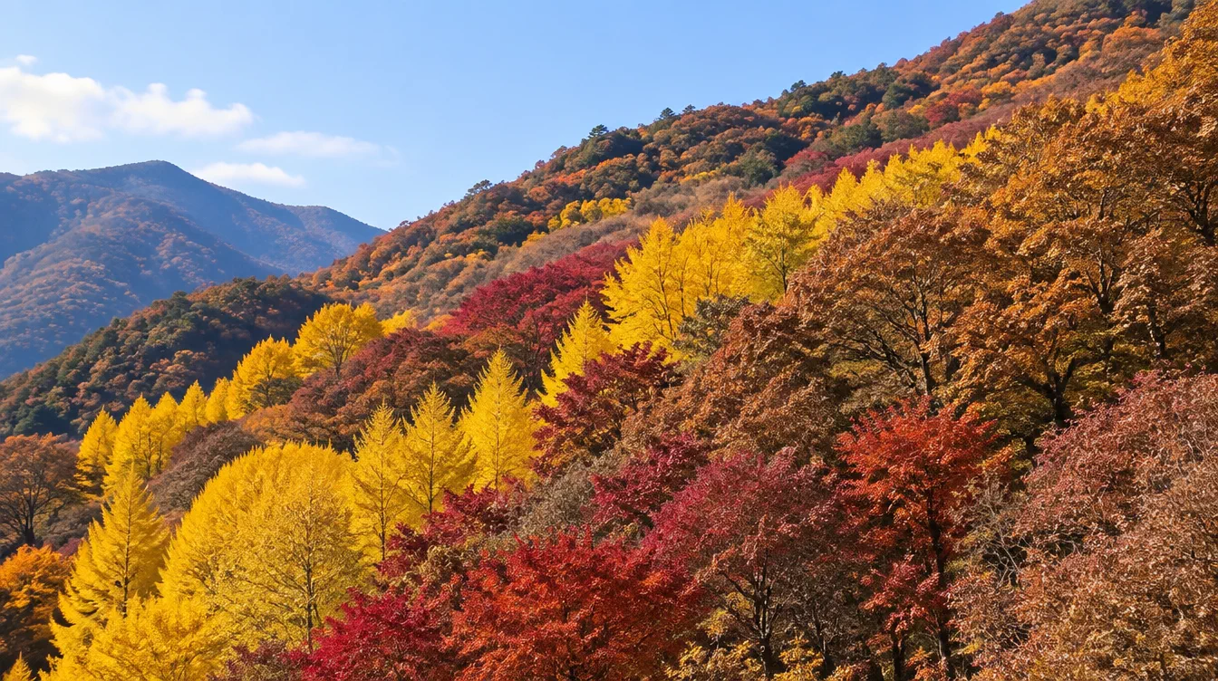 같은 산에서 은행나무는 노란색, 단풍나무는 빨간색, 참나무는 갈색으로 각각 다르게 물든 가을 산지