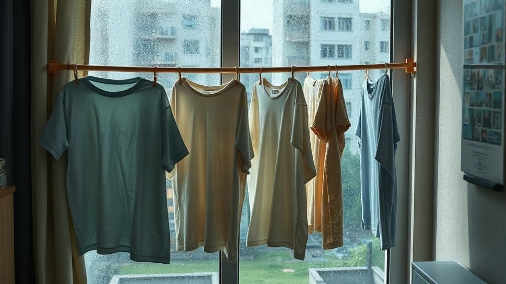 비 오는 날 실내에 널어 둔 빨래가 잘 마르지 않는 눅눅한 집 안 풍경입니다.