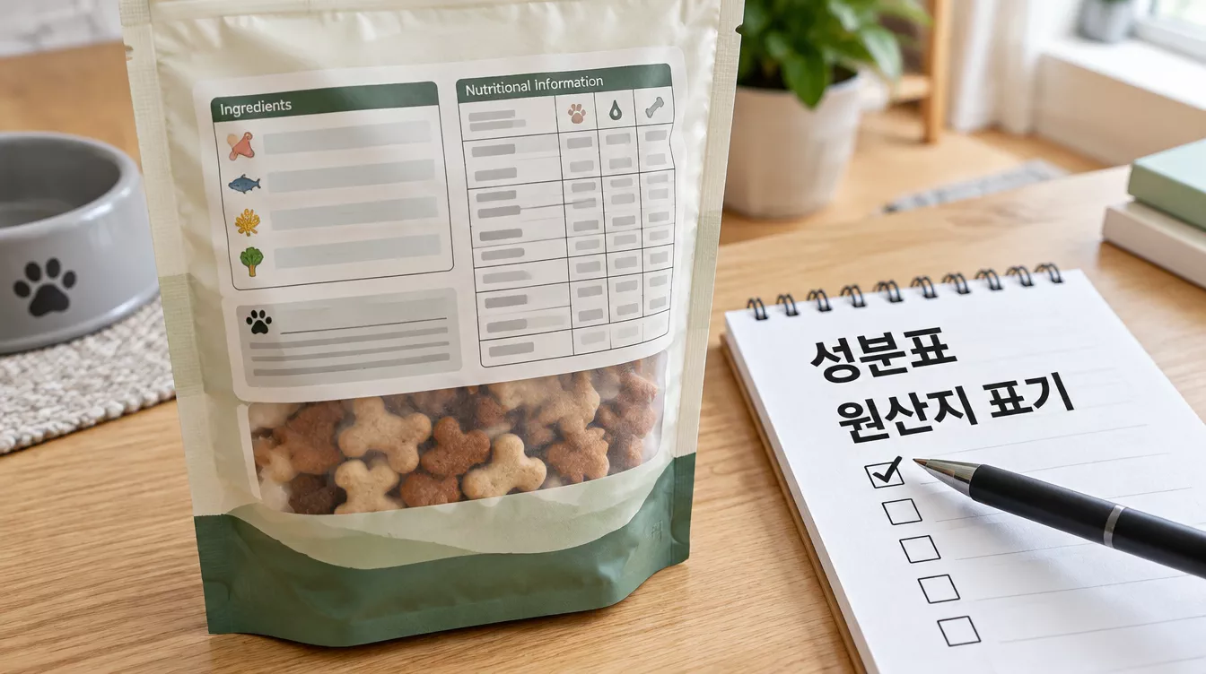 강아지 간식 포장의 뒷면을 살펴보며 체크리스트 항목을 확인하는 장면.