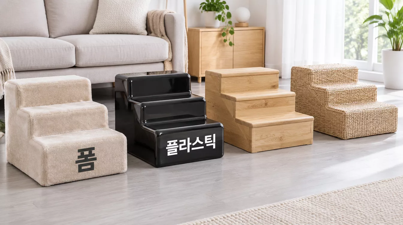 거실에 나란히 놓인 소재가 다른 3칸 강아지 계단
