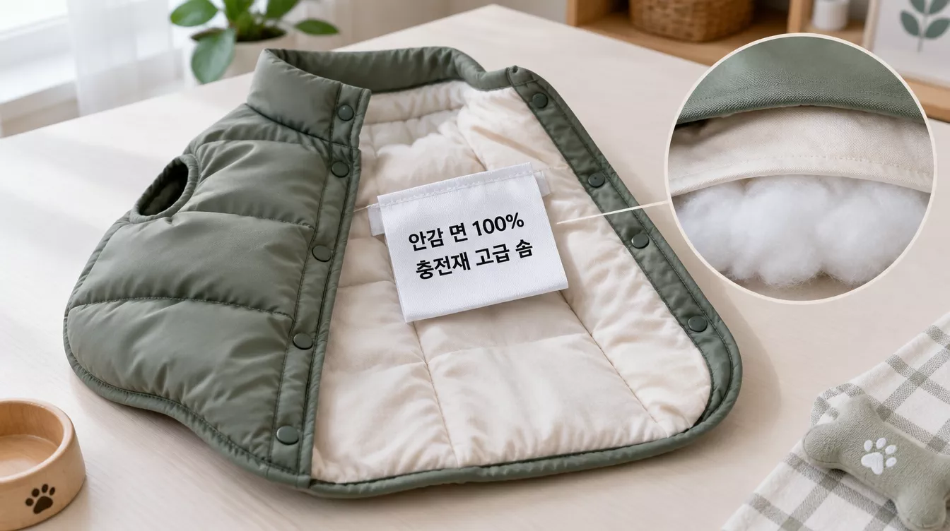 패딩 옷의 세탁 라벨에 표기된 소재와 충전재 정보를 확인하는 클로즈업