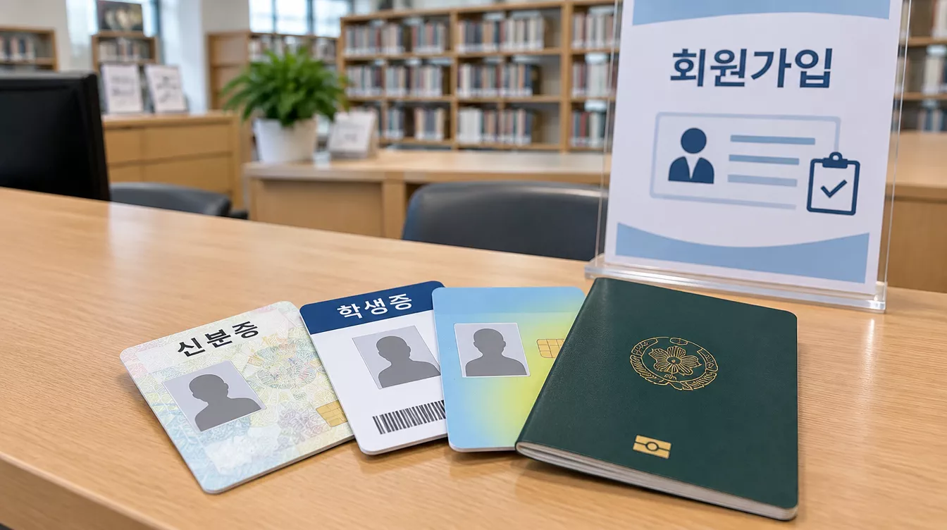 공공도서관 회원가입을 위해 신분증(주민등록증, 학생증, 여권)들이 카운터에 펼쳐져 있는 모습