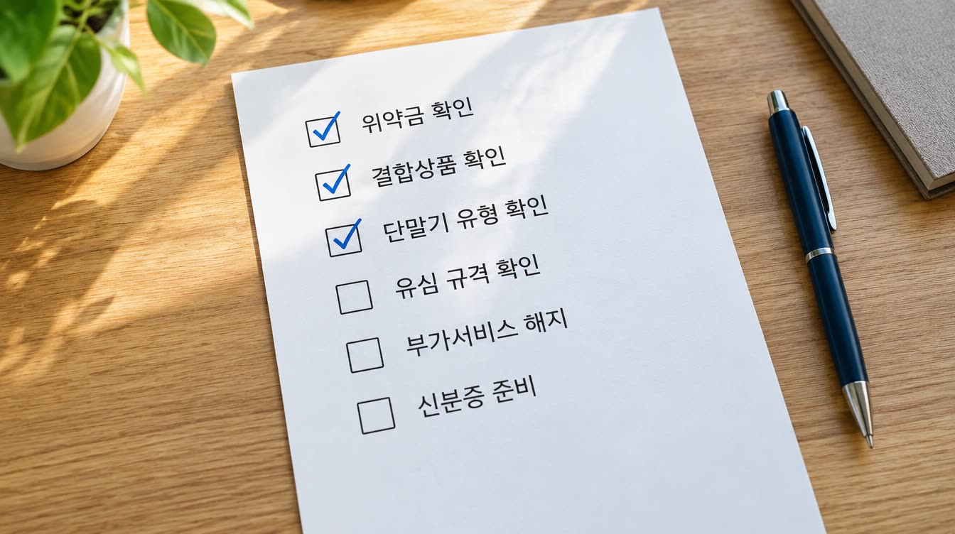 휴대폰 번호이동 준비 체크리스트 문서가 책상 위에 펼쳐져 있고 일부 항목에는 체크 표시가 되어 있다.