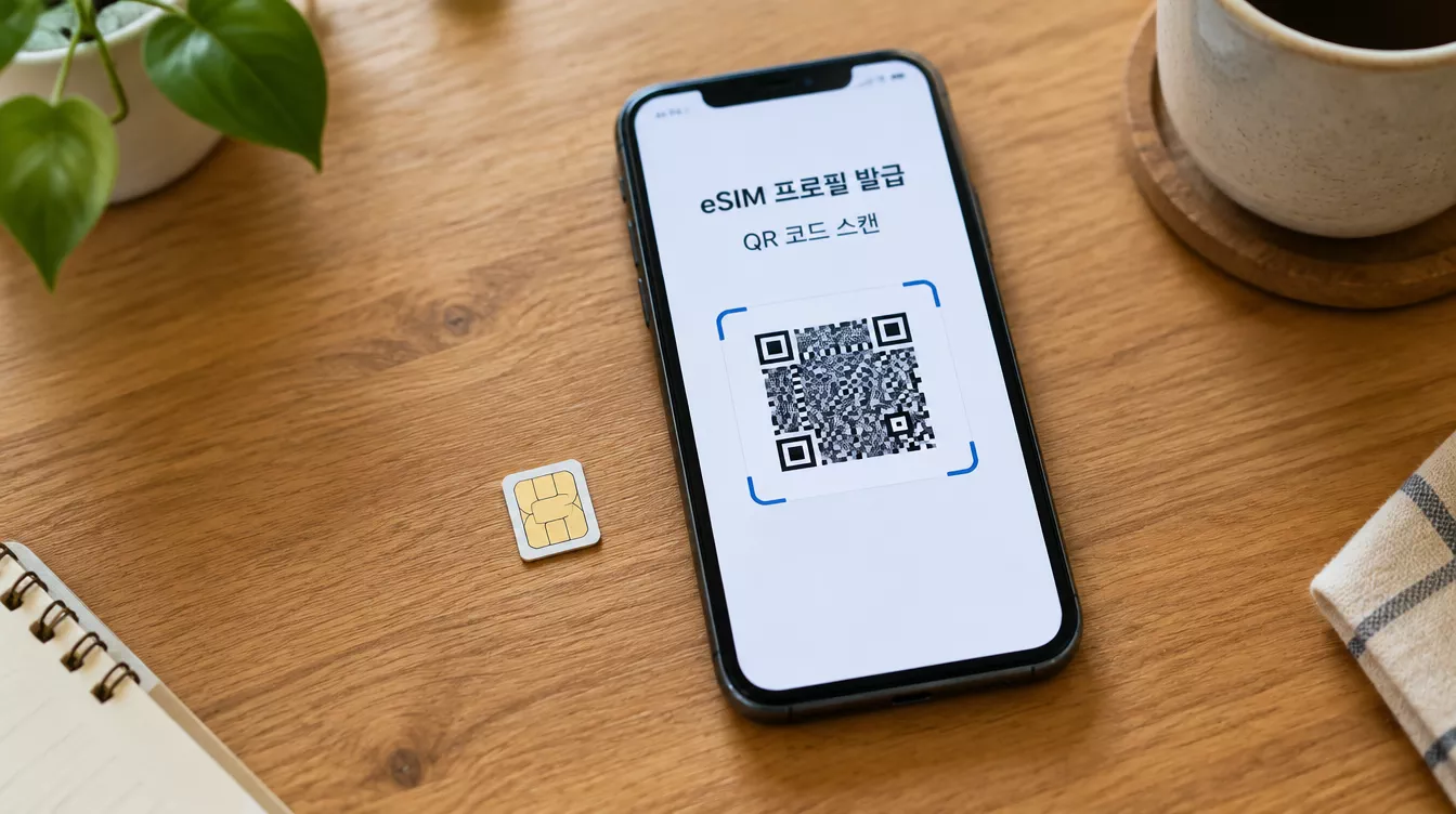 스마트폰 화면에 eSIM 프로필 발급을 위한 QR 코드가 표시되어 있고, 옆에 나노심 카드가 놓여 있다.