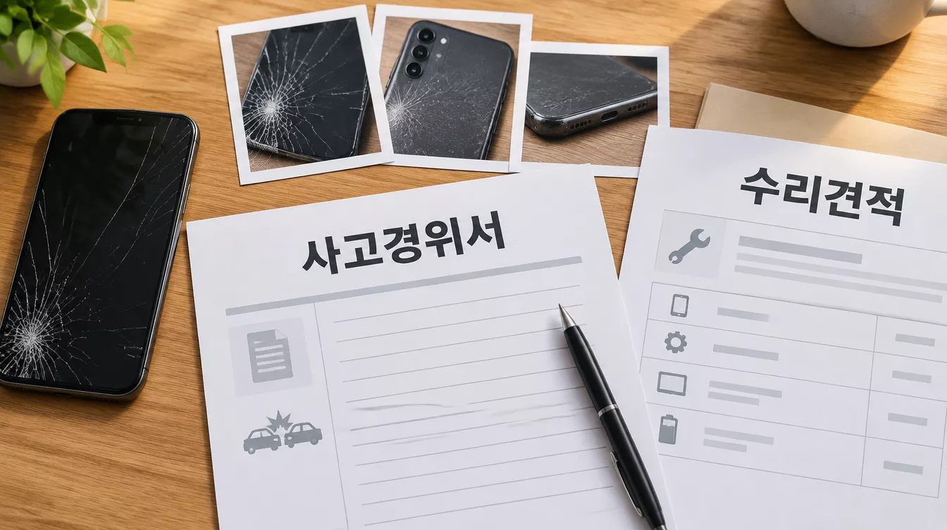 파손 사진과 청구 서류들이 책상에 정렬된 청구 준비 장면