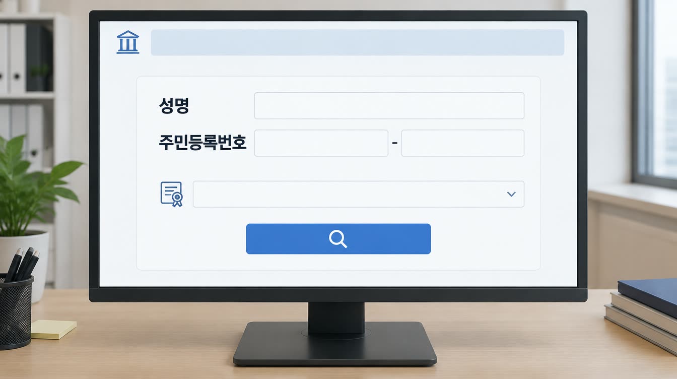 데스크톱 모니터에 휴면예금 조회 예시 화면으로 성명과 주민등록번호 입력란이 표시되어 있다(예시 그림)