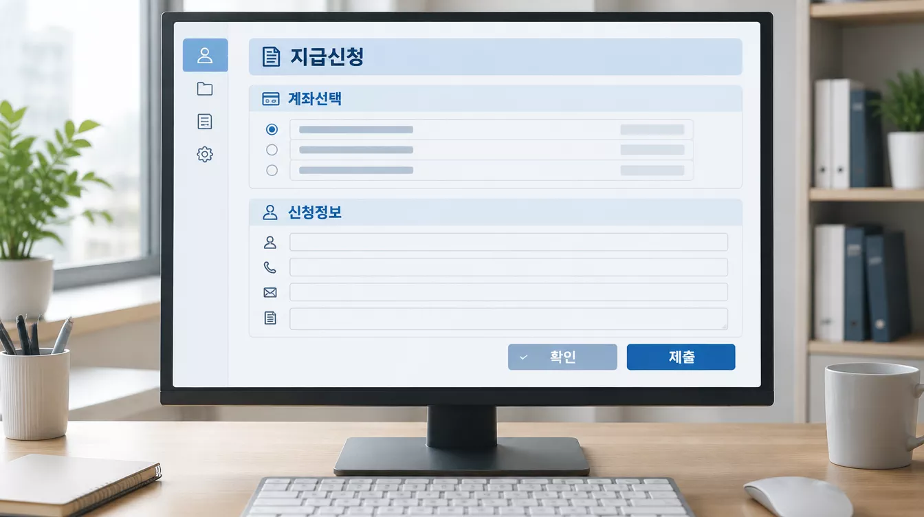 컴퓨터 화면에 휴면예금 지급신청 양식과 계좌선택 항목, 제출 버튼이 보인다