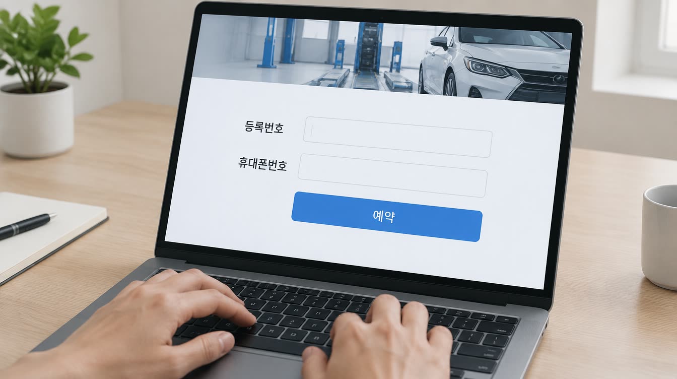 노트북 화면에 자동차 검사 예약 사이트의 등록번호 입력 폼이 표시되어 있다.