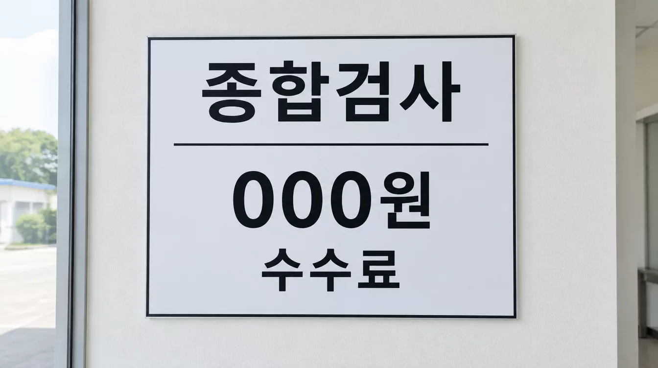 자동차 검사소의 안내 게시판에 종합검사 수수료 금액이 표시되어 있다.