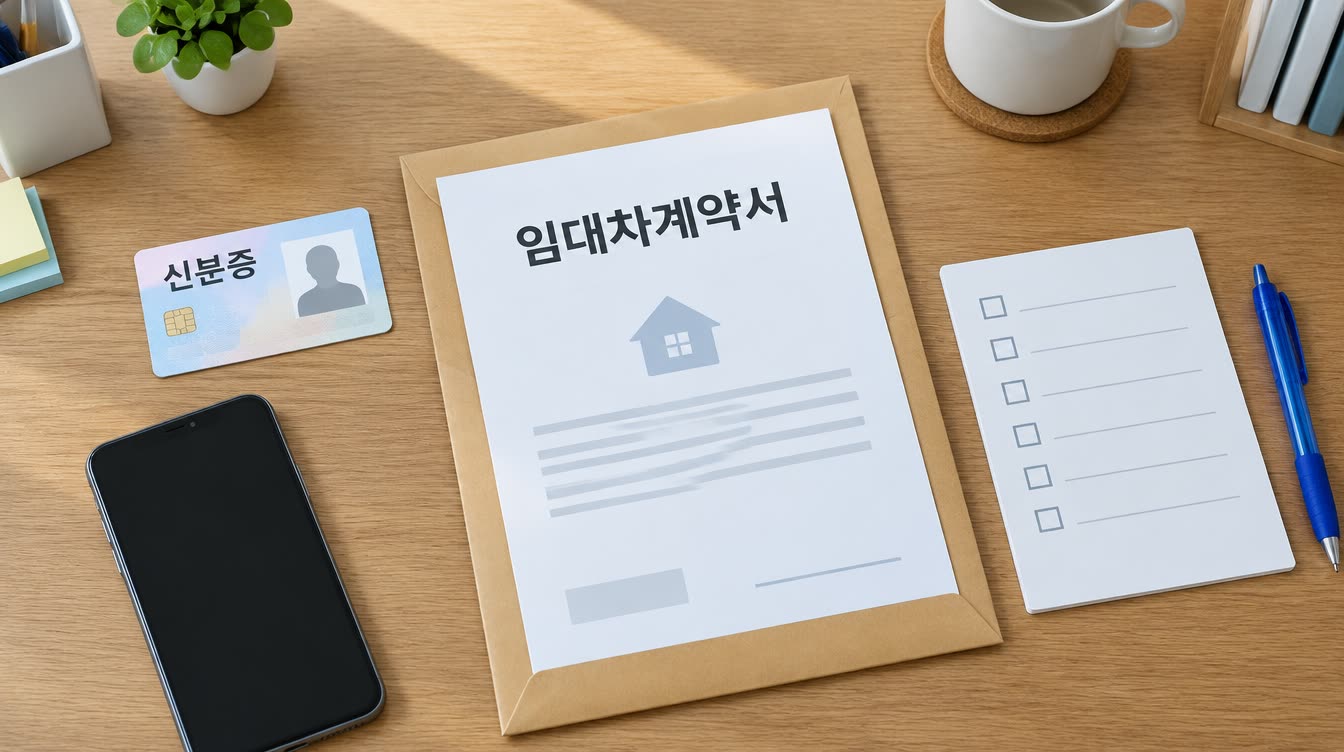 책상 위에 신분증, 임대차계약서, 스마트폰, 체크리스트가 정렬되어 준비되어 있는 모습