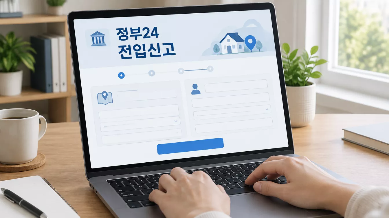 노트북 화면에 정부24 전입신고 신청 페이지가 표시되어 있는 모습