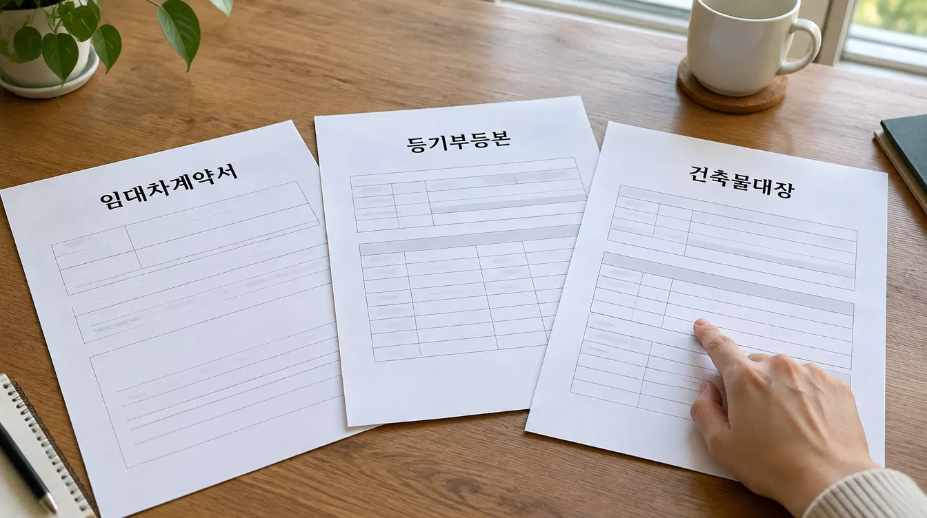 임대차계약서, 등기부등본, 건축물대장을 탁자 위에서 검토하는 전세보증보험 신청 준비 장면