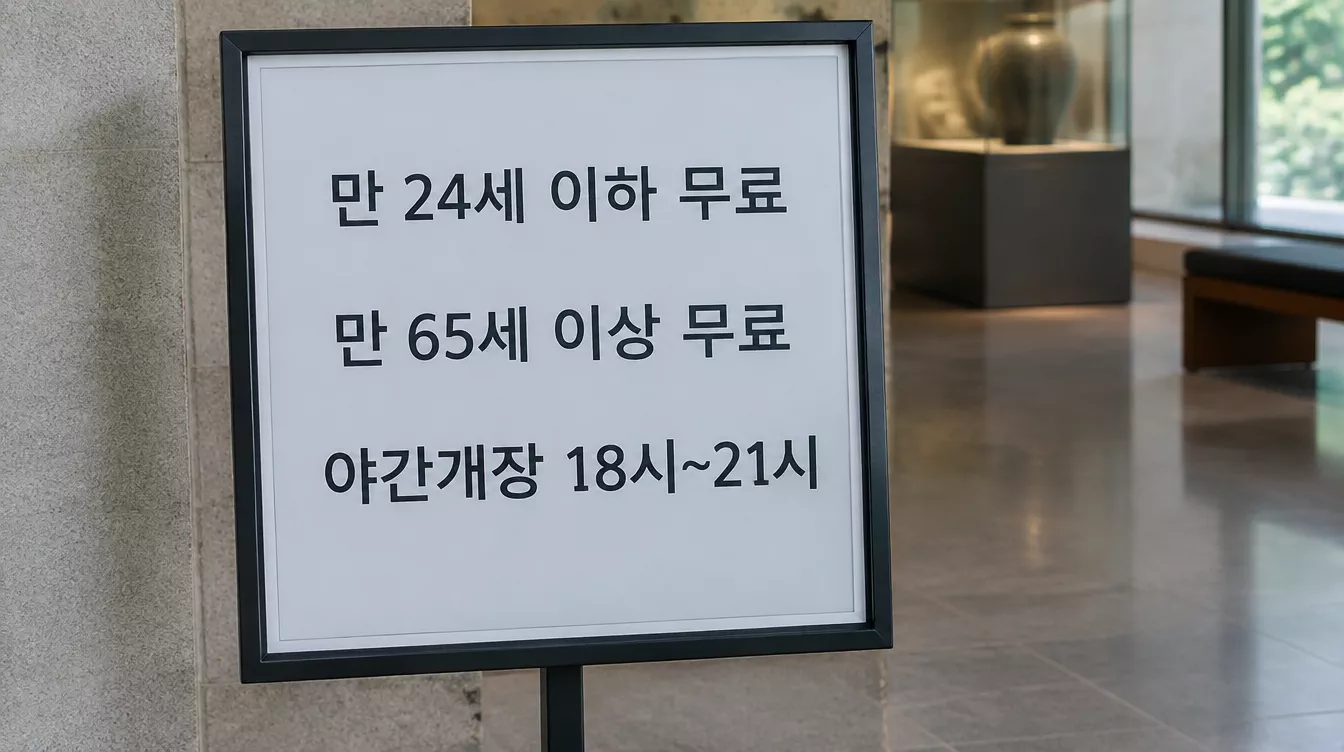 미술관 무료 관람 대상과 야간개장 시간을 안내하는 게시판