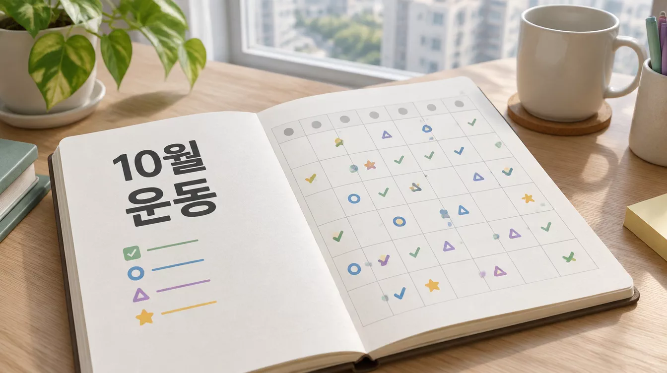 습관 추적표의 10월 달력에 운동, 명상 등 여러 습관이 다양한 패턴으로 체크된 모습