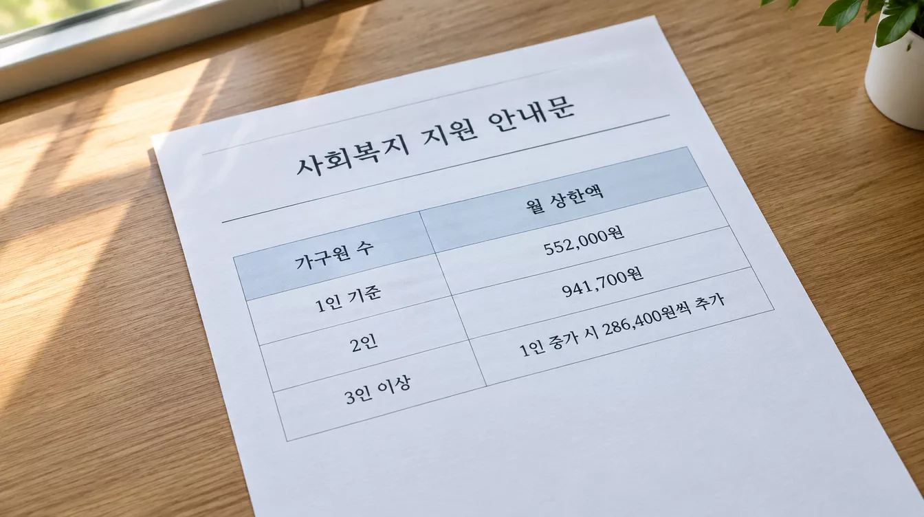 가구 인원 수에 따른 월 지원 상한액이 기재된 한국 사회복지 안내 문서