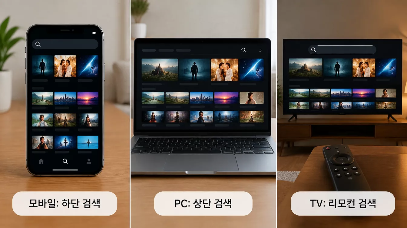 모바일 앱, PC 웹브라우저, TV 앱에서 넷플릭스 검색창의 위치와 결과 화면이 다르게 표시되는 모습.