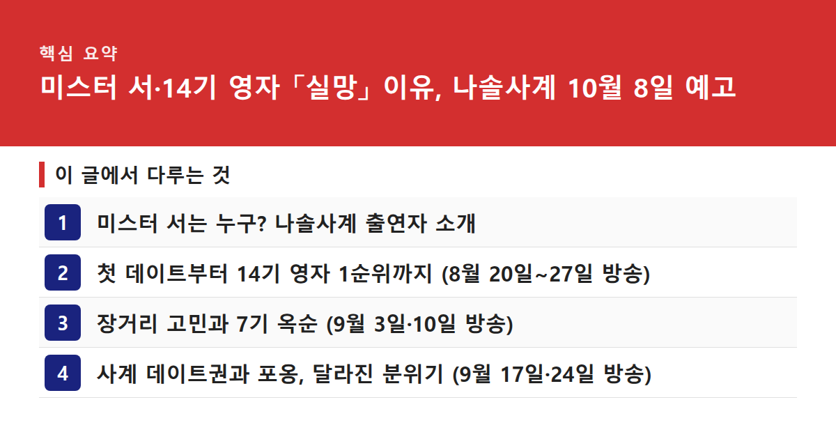 미스터 서·14기 영자 「실망」 이유, 나솔사계 10월 8일 예고 핵심 요약