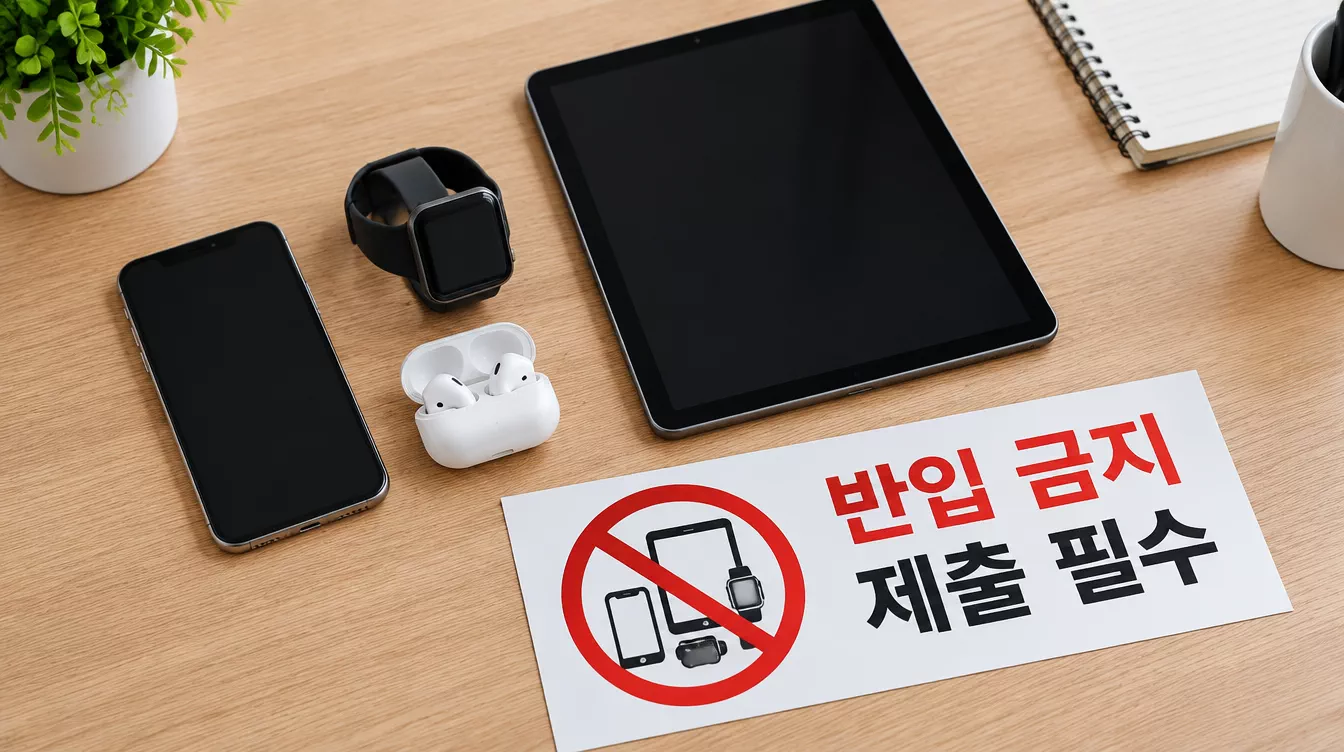 수능 시험장 반입 금지 물품(휴대폰, 스마트워치, 태블릿, 이어폰)이 책상 위에 놓여 있다.