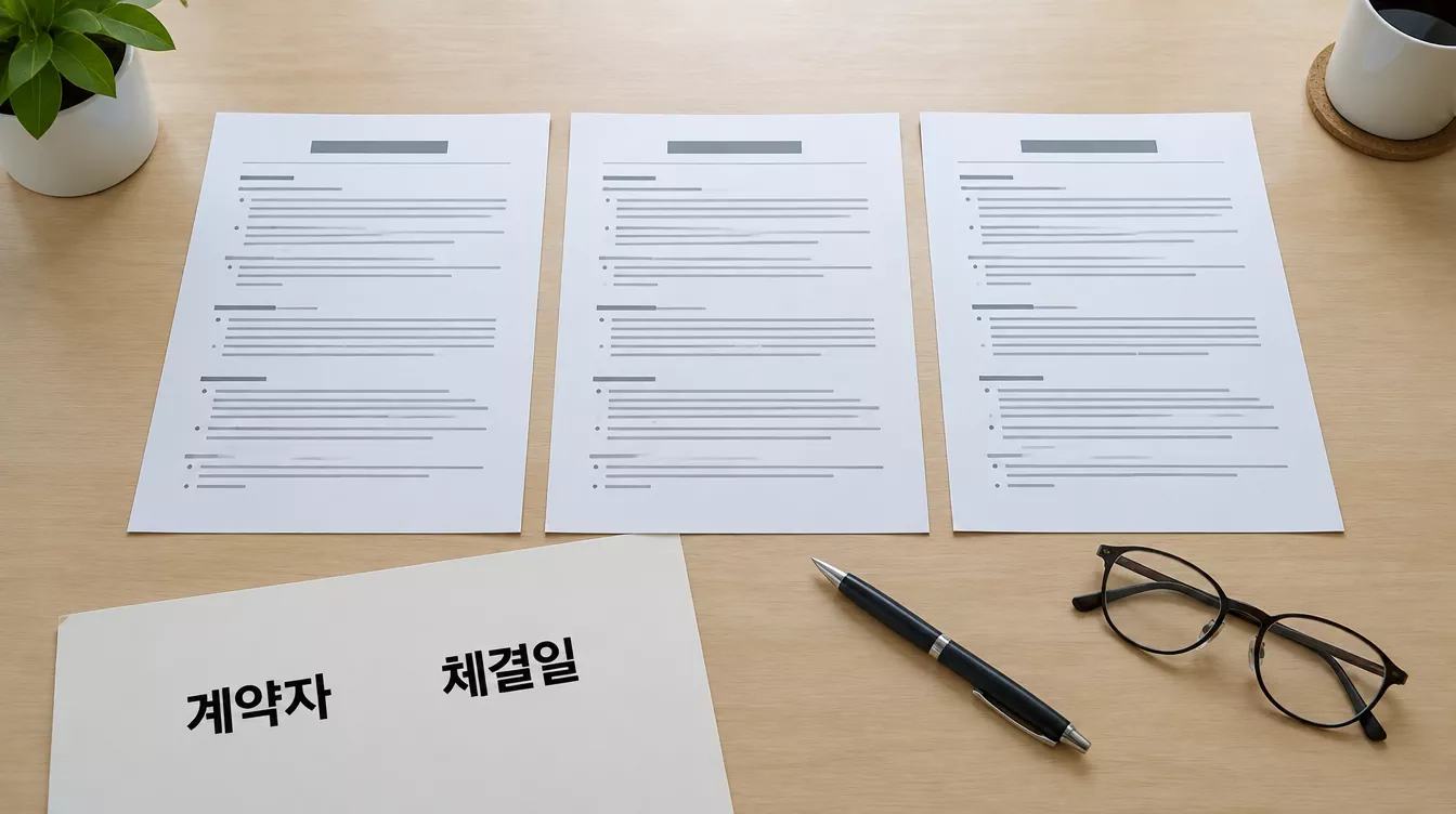 문화체육관광부 고시 표준계약서 3종을 나란히 놓고 조항을 비교 검토하는 장면