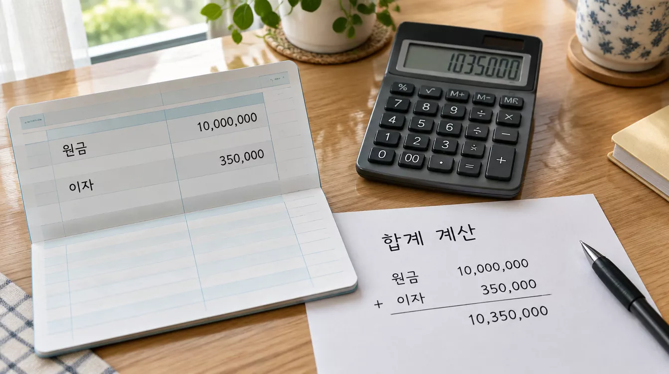 은행 통장의 원금과 이자를 계산기로 더하여 예금자보호 한도를 계산하는 장면