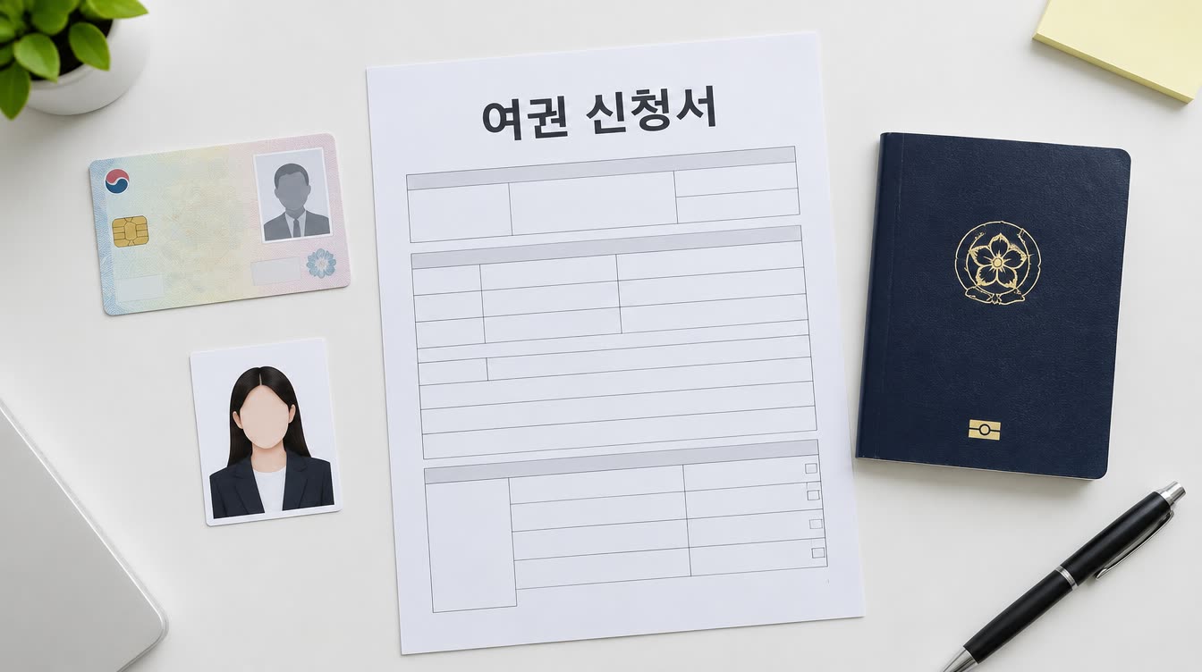 신분증, 여권 사진, 신청서, 가족관계 증명서가 체크리스트와 펜과 함께 책상 위에 펼쳐져 있다.
