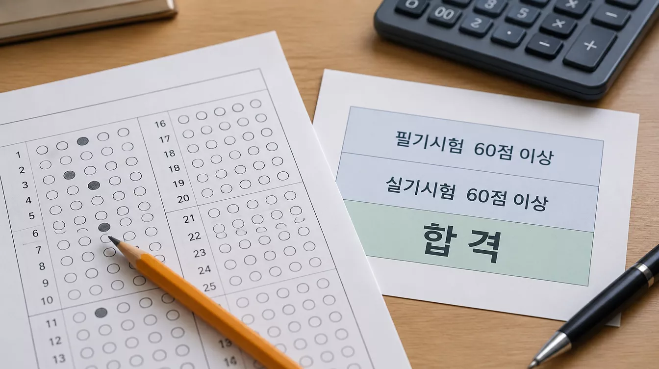 필기와 실기 각각 만점의 60% 이상을 득점해야 하는 요양보호사 자격시험의 합격 기준을 보여주는 시험지와 성적 확인 문서.